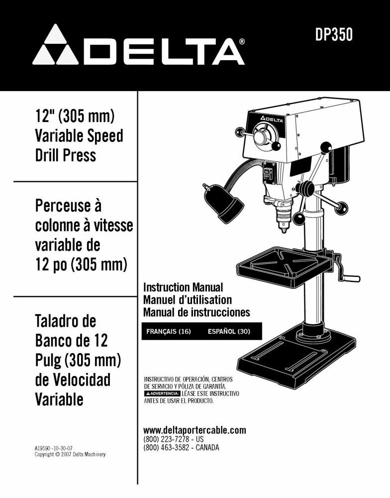 Delta DP400 16 1/2 Floor Model Drill Press Instruction Manual FREE