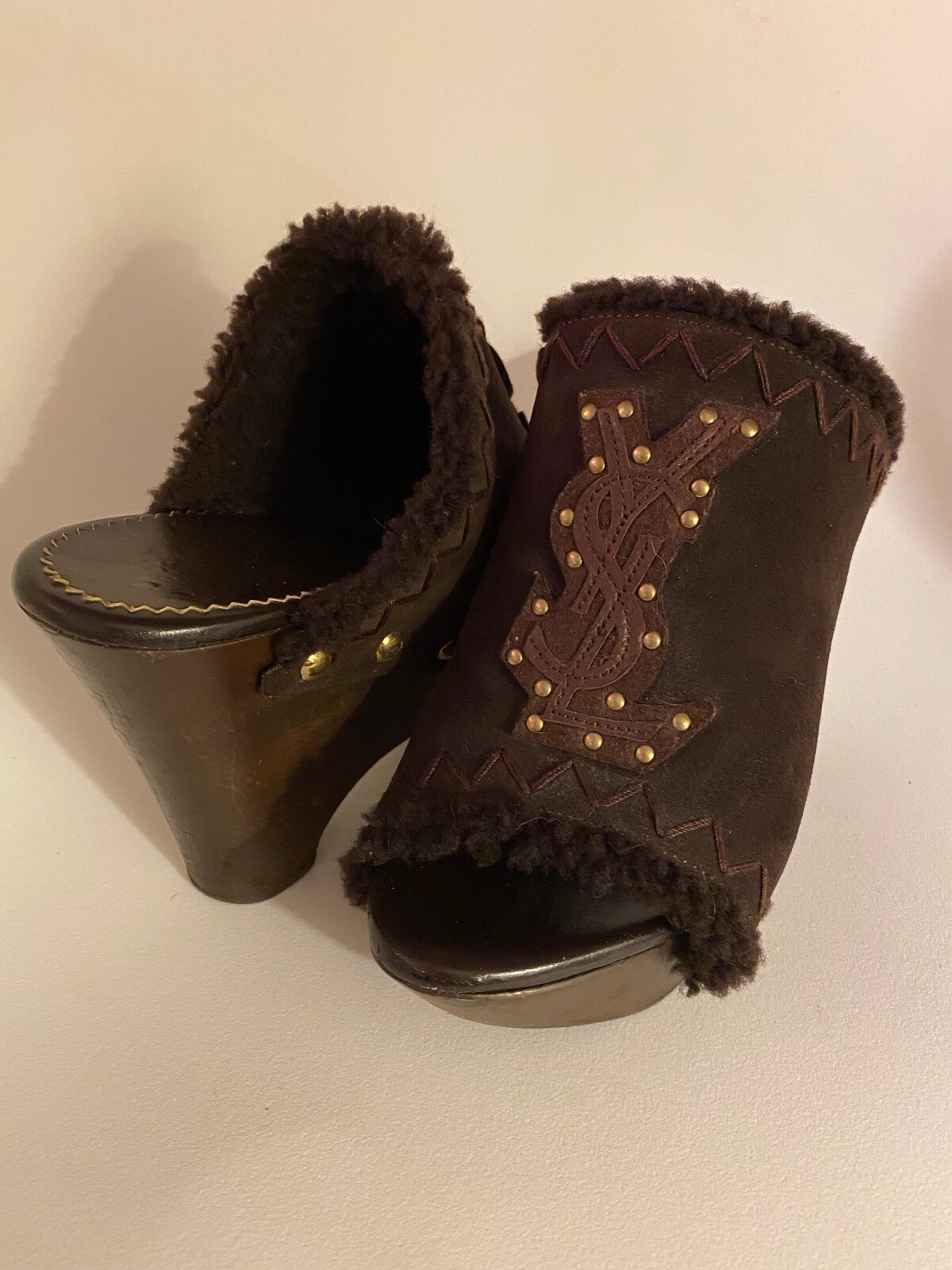 Scarpe YSL Saint Laurent scamosciate shearling zeppa plateau 37 sandali