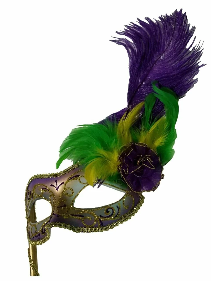 Gold, Silver Purple Glitter Flower Feather Stick Mask Masquerade Mask - Image 4 of 4