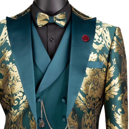 VINCI Men's Emerald & Gold Jacquard 3pc Modern Tuxedo w/ Bow-Tie - NEW - Picture 2 of 4