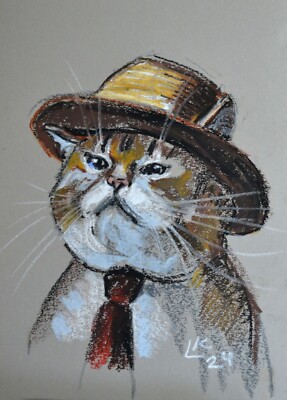 Funny Cat Original Painting 12x8  Signed Collectible Pastel Art