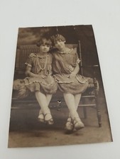 2 Girls Sisters Photograph  Wavy Hair Identical Dresses Gentle Embrace 1920's