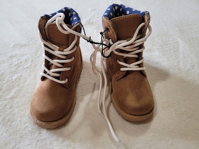 NWOT Girls Brown Navy Blue Polka Dot Work Boots Size 6M US