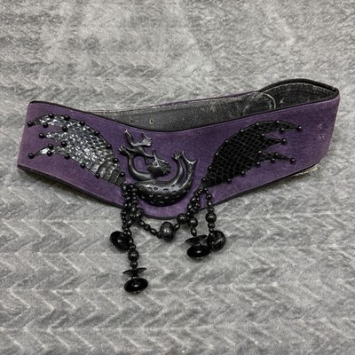 Vintage Laise Adzer Leather Belt Woven Tapestry Beaded Tassels Purple