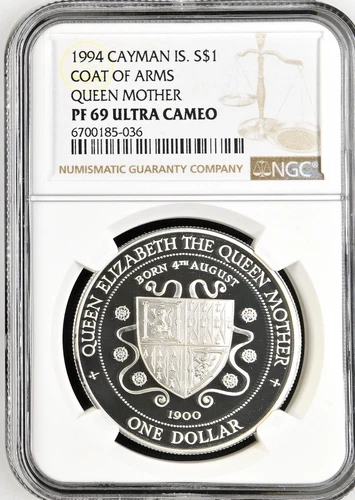 1994 Cayman Islands $1 Dollar Coat Of Arms Queen Mother Silver Coin NGC PF 69 UC