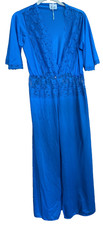 Vtg Paramount New York Robe Large Lace Detail Nylon Royal Blue TradWife Boudoir