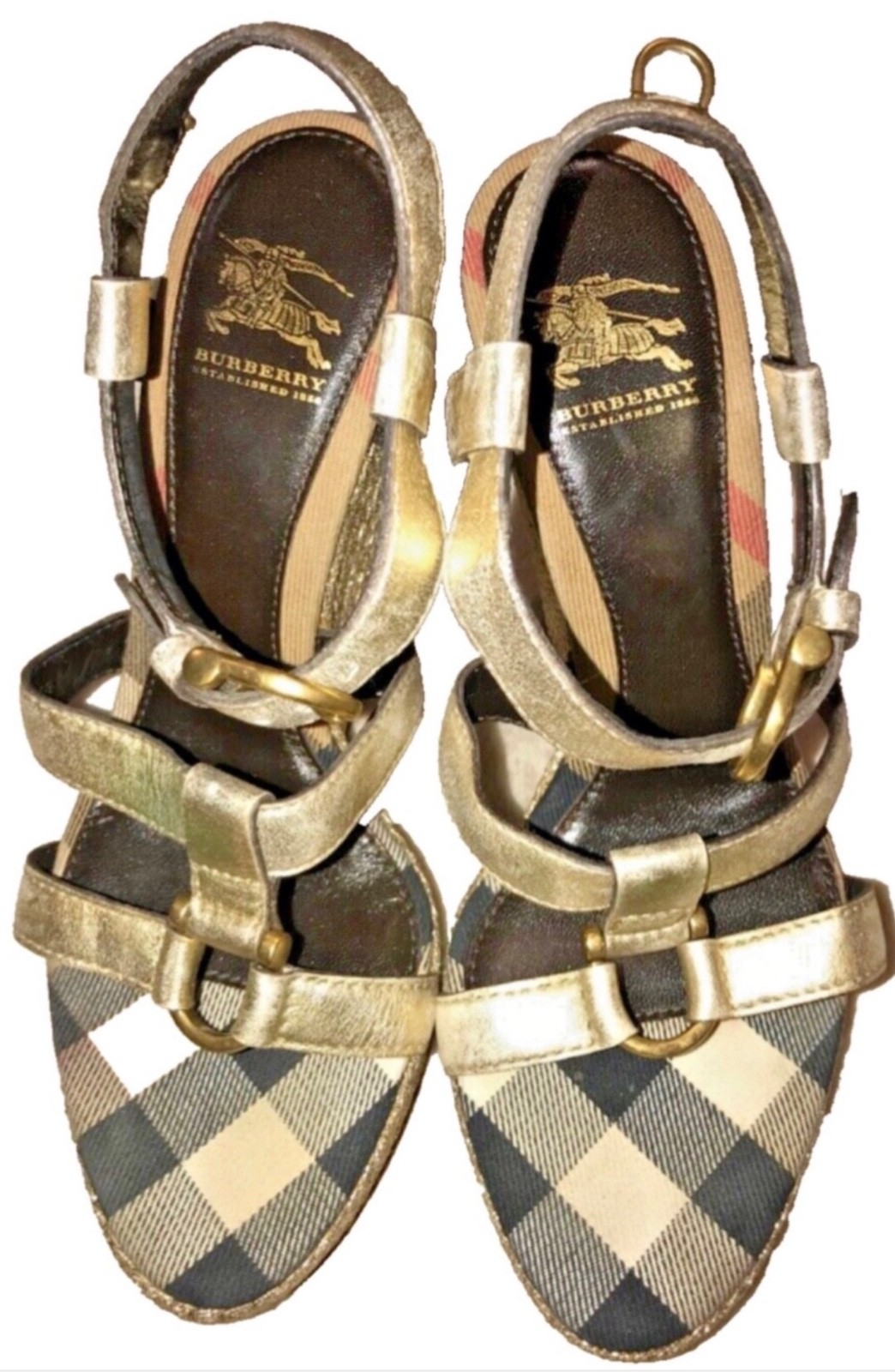 Burberry Gold Leather Nova Check Strap Wedge Buckled Sandals SZ 38 thumbnail 4