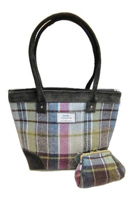 Earth Squared Edinburgh Plaid Tartan Tweed Tote Bag & Coin Purse Pink Green Blue