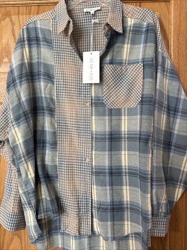 Aemi+Co Shirt Top, Plaid Button Up Long Sleeve Raw Hem Mixed Materials M NEW
