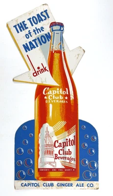 Vintage Soda Sign Capitol Club Ginger Ale Cardboard Die Cut Store Display 1950s - Image 1 of 4