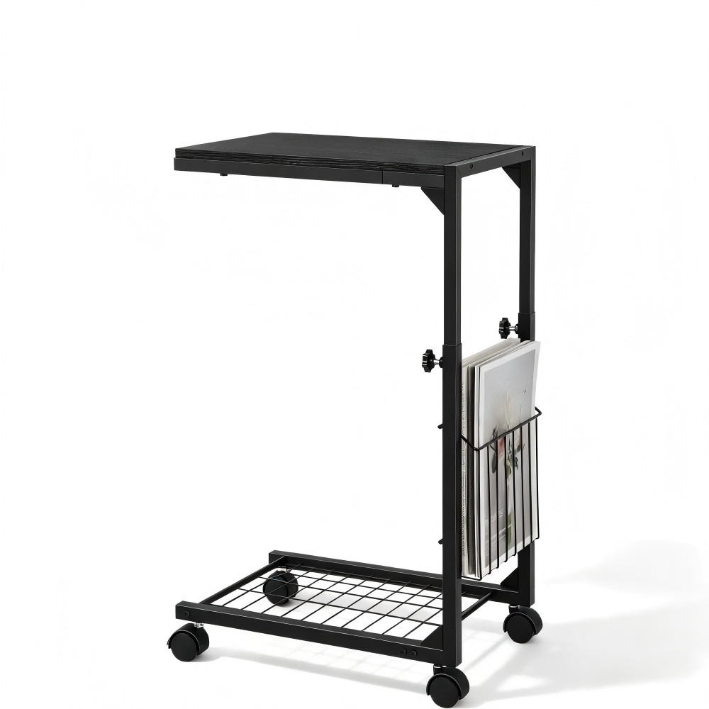 C-Shaped Side Table on Wheels, Adjustable Height, Mesh Basket Storage for Couch