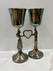 Vintage Alef Israel Silverplate Bride Groom Heart Goblets 9.5" Pair