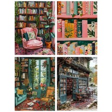 4 Packs Study Room Paint by Numbers Kit for Adults Beginner, Bookshelf Adult Pai