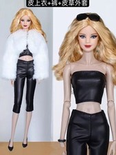Fashion White 1/6 Doll Clothes Outfits Set Fur Coat Top Leather Trousers 11.5"