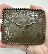 Western Longhorn Steer Belt Buckle Gold Tone F1010 Floral Scroll 3  x 2.5  
