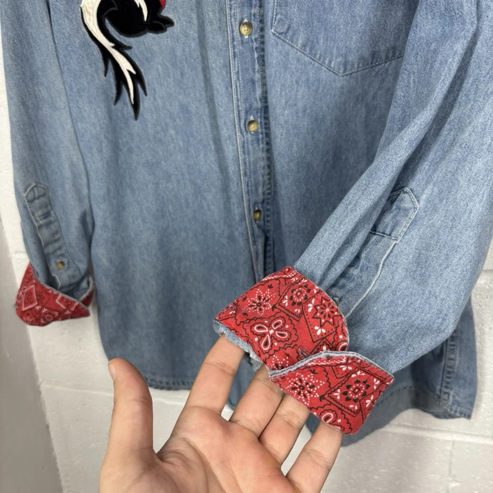 Vintage 90s Cowboy Skunk Denim Bandana Button Down Western Shirt - Image 3 of 4