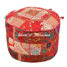 Patchwork  Ottoman Red Footstool Bohemian Pouffe Cover Indian Sari Pouf 22 Inch