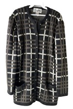 Vintage 80s Womens 12 Gingham Plaid Knit Baggy Cardigan Sweater Coat Classy
