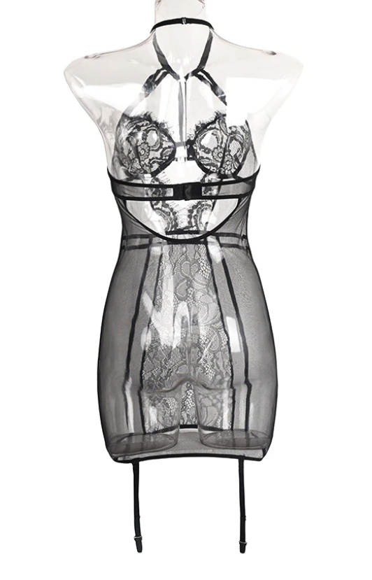 Guêpière Noire Transparente Mesh - Effet Harnais Avec 4 Branches Et Jarretelles - Neuf Avec étiquettes