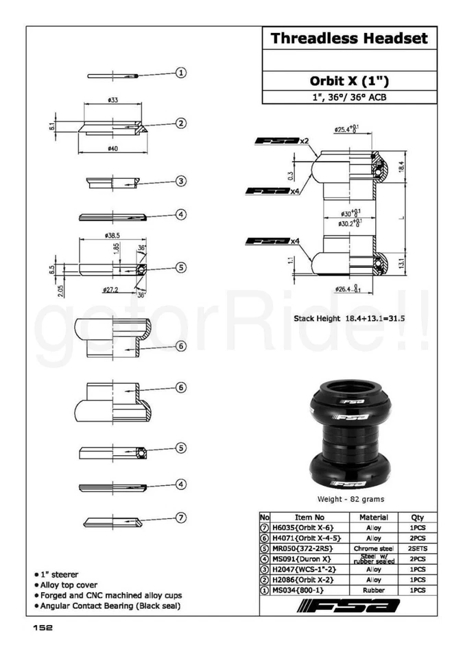 FSA Orbit X 1" Threadless Bicycle Bike Headset 1 inch w/Top Cap ISO 26.4mm Black - Image 4 of 4