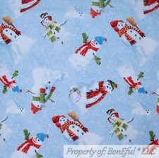 BonEful FABRIC FQ Cotton Quilt Blue White Snowflake Scenic Snowman Holiday Xmas