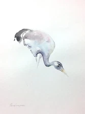 Kranich, Birds, Watercolor artwork, Handmade, Original painting on paper