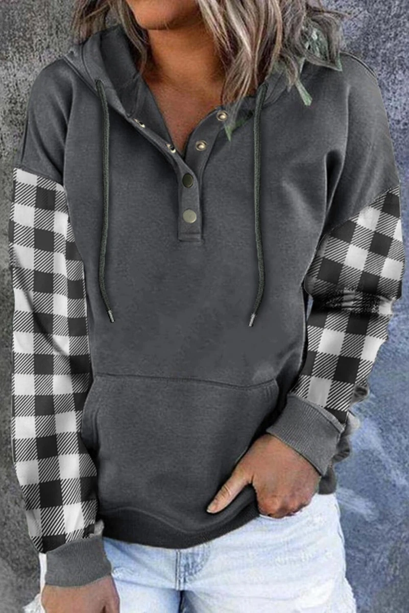 New Women s Gray Buffalo Plaid Check Button Up Hoodie Sweatshirt Boutique Top
