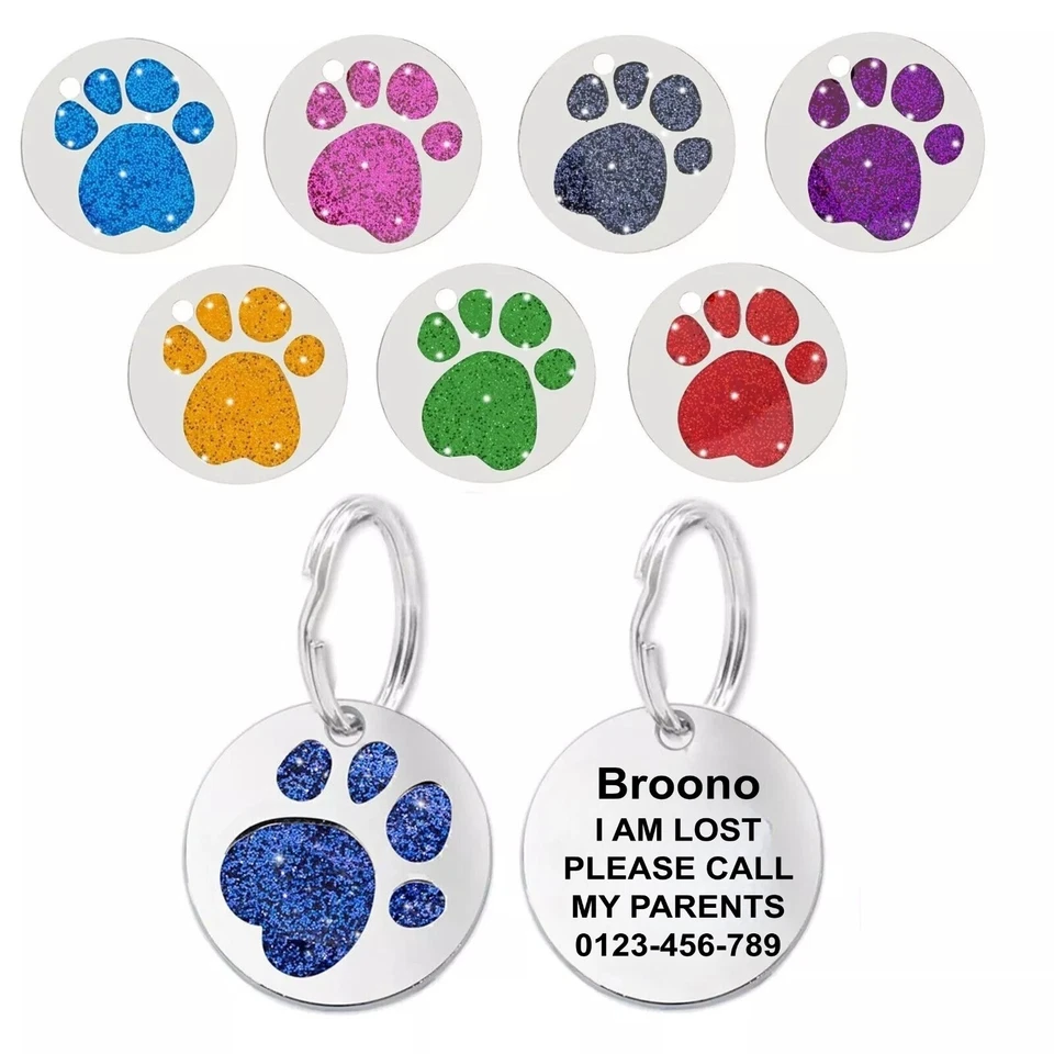 KREATESQUARE Personalised Engraved Glitter Paw Print Tag Dog Cat Pet ID Tags Reflective UK