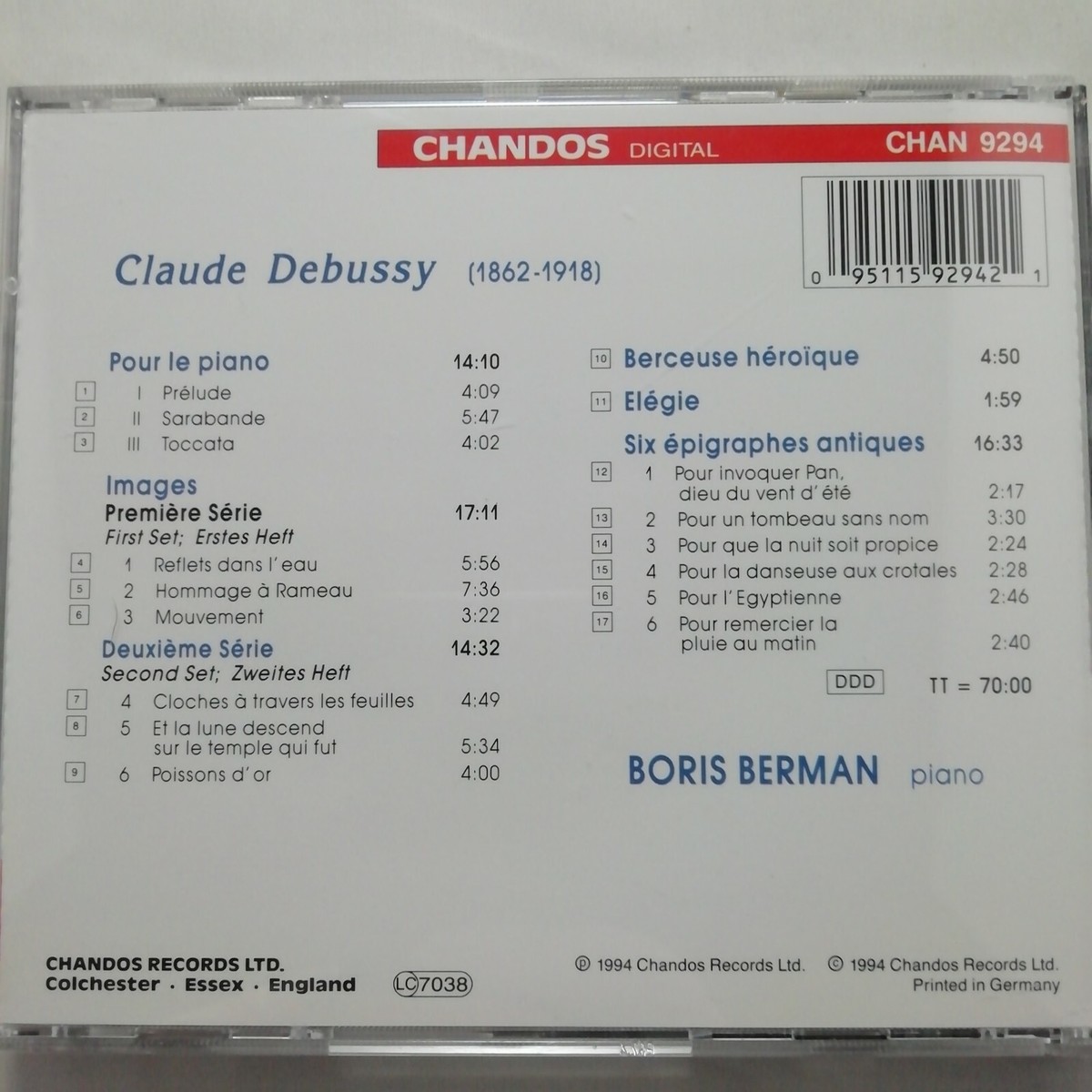 Debussy: Pour le Piano; Images; etc., Boris Berman. Austria 1994 Chandos – CHAN 9294 Debussy: Pour le Piano; Images; etc., Boris Berman. Austria 1994 Chandos – CHAN 9294