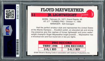 Carte Rookie Floyd Mayweather Jr. 1997 Brown's Boxing #51 - Gradée PSA 9 - Collectors