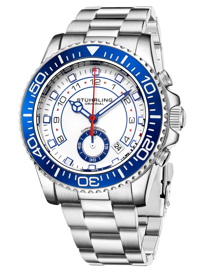 Reloj pulsera Stuhrling para hombre cronógrafo buzo esfera blanca bisel azul plata Foto 4 de 4