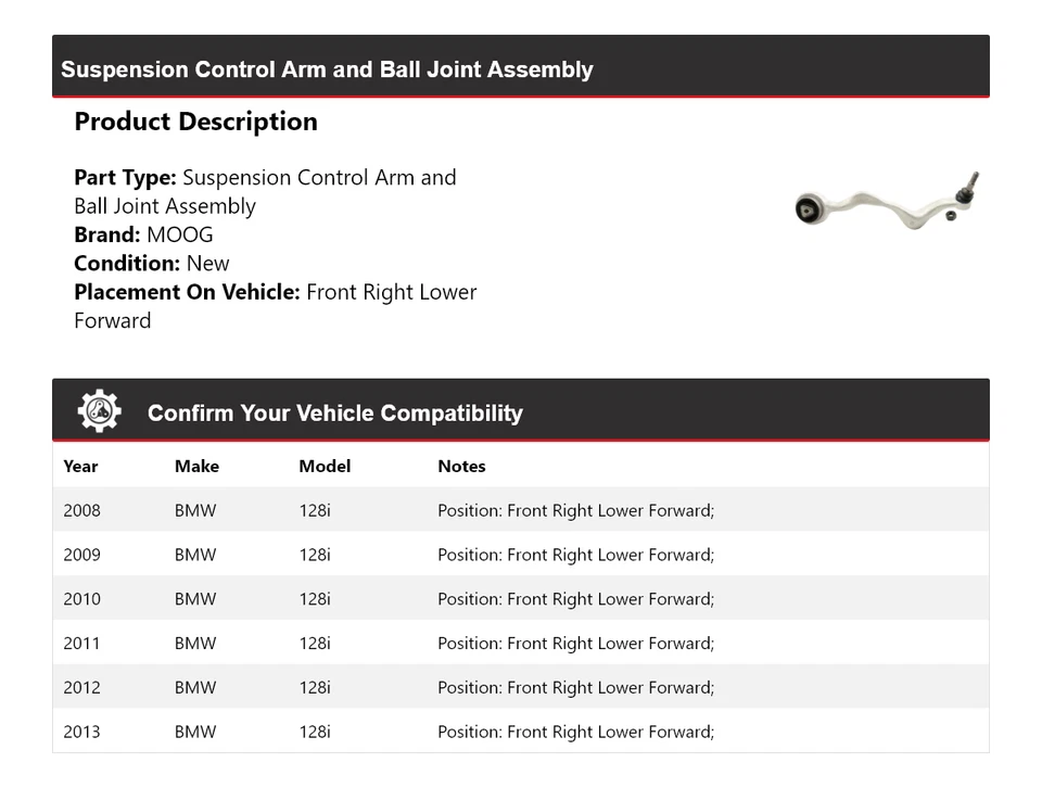 Brazo de control delantero derecho delantero inferior delantero MOOG 2008 2009 2010 BMW 128i 2008-2013 Foto 2 de 4
