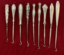 Lot Of 9 Shoe Button Hooks Sterling Ornate Silver Handles Antique