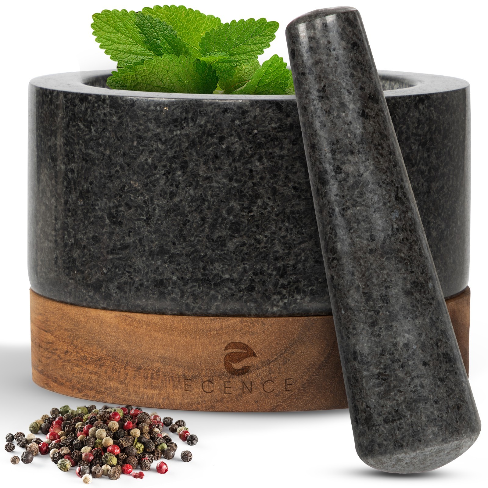 Mörser mit Stößel aus Granit & Holz Gewürzmörser Mortar and Pestle Ø15,5cm