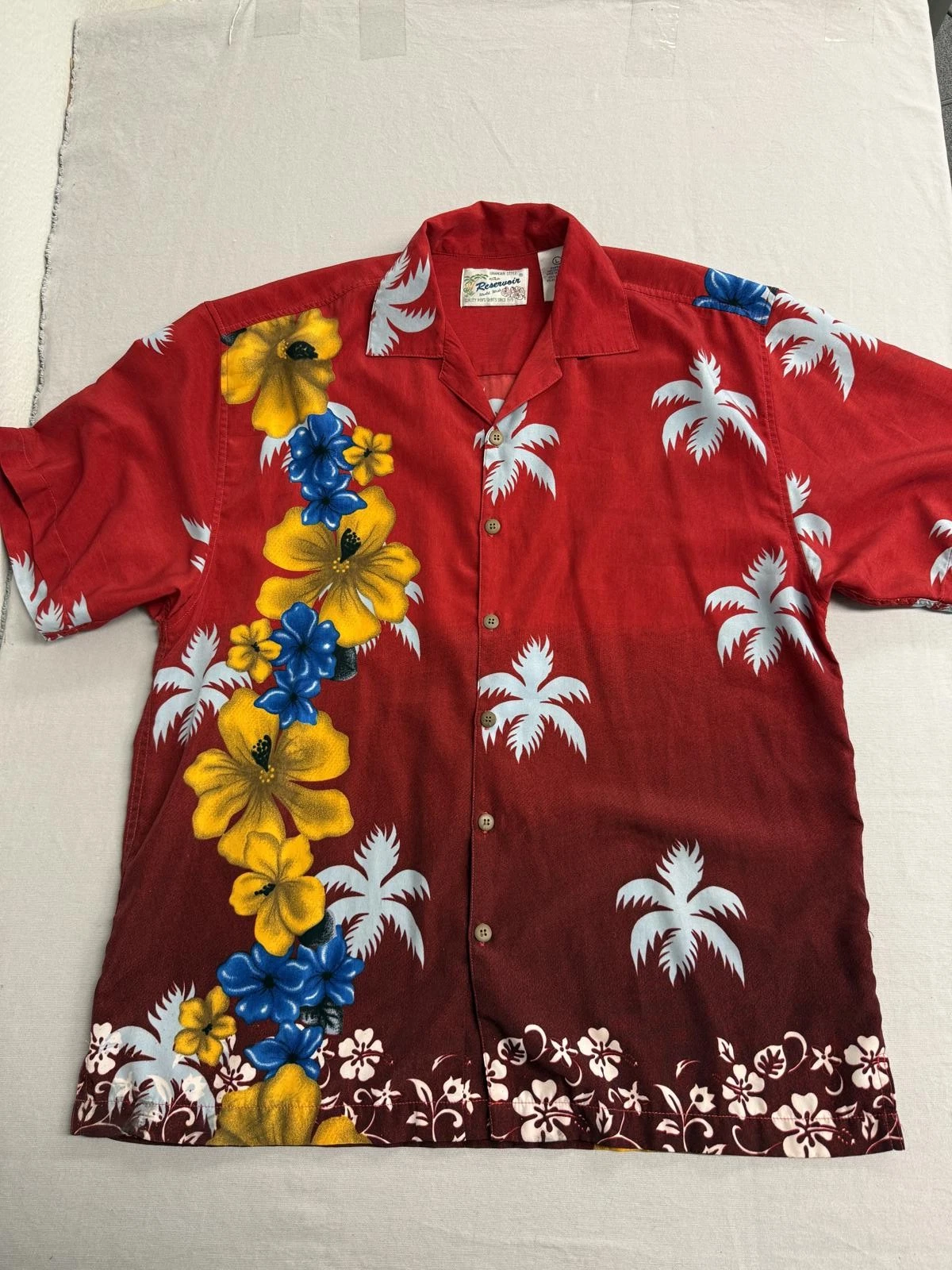 Mens Hawaiian Shirt Plumeria Floewrs Reservoir - L