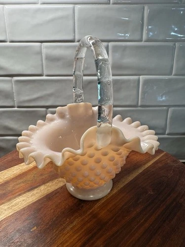 Vintage Fenton Hobnail Pastel Rose Pink Milk Glass Ruffled Rim Basket 8”