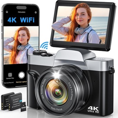 4K Digital Camera for Beginners & Teens with WiFi, 64MP Compact Autofocus Cam...