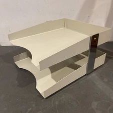 Vintage 2-Tier Metal Paper Tray Desk Organizer Chrome Tan Well-Made Mid-Century