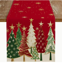 TABLE RUNNER-Red Christmas Tree Runner, Red with Beautiful Forest 13x72