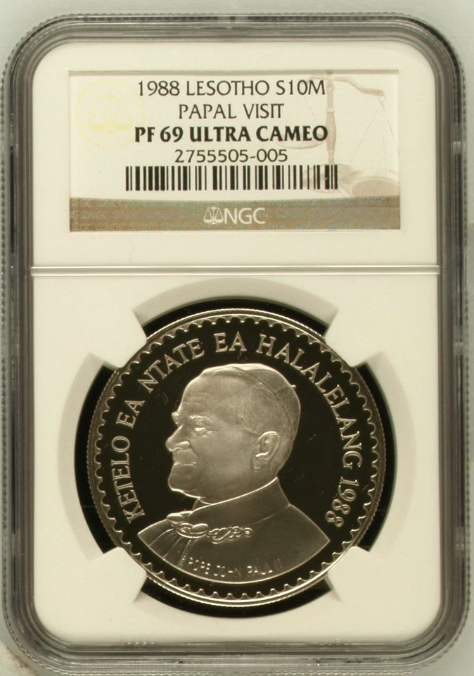 LESOTHO 10 Maloti 1988 Silver NGC PF69 Papal Visit Pope John Paul II - Image 3 of 4