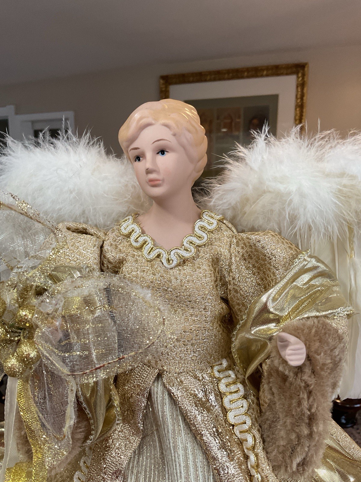 Christmas Angel Tree Topper Ivory Gold And Brown Elegant Gown 17” Stunning