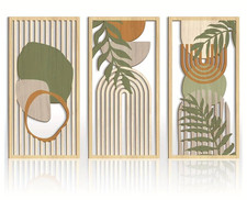 Set of 3 Sage Green Abstract Wooden Wall Art - Geometric Nordic Decor - Modern L