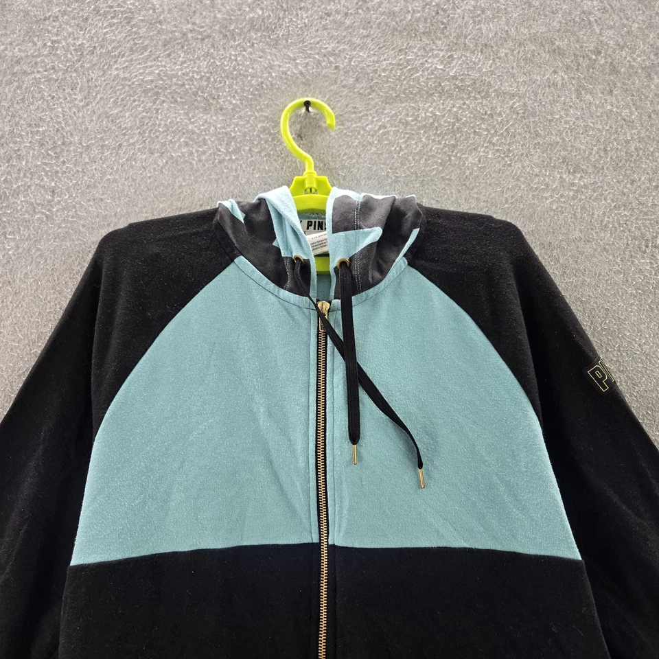 Victoria's Secret ROSA Mujer Sudadera con Capucha L Negro Bloque de Color Coquettecore Logo Cremallera Foto 4 de 4