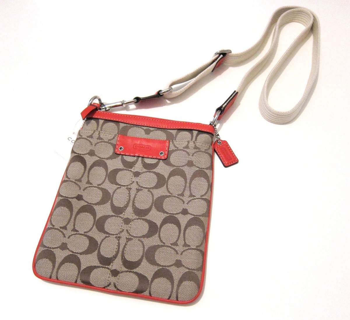 COACH Signature Swingback Cross Body Handbag Purse. Khaki/Orange