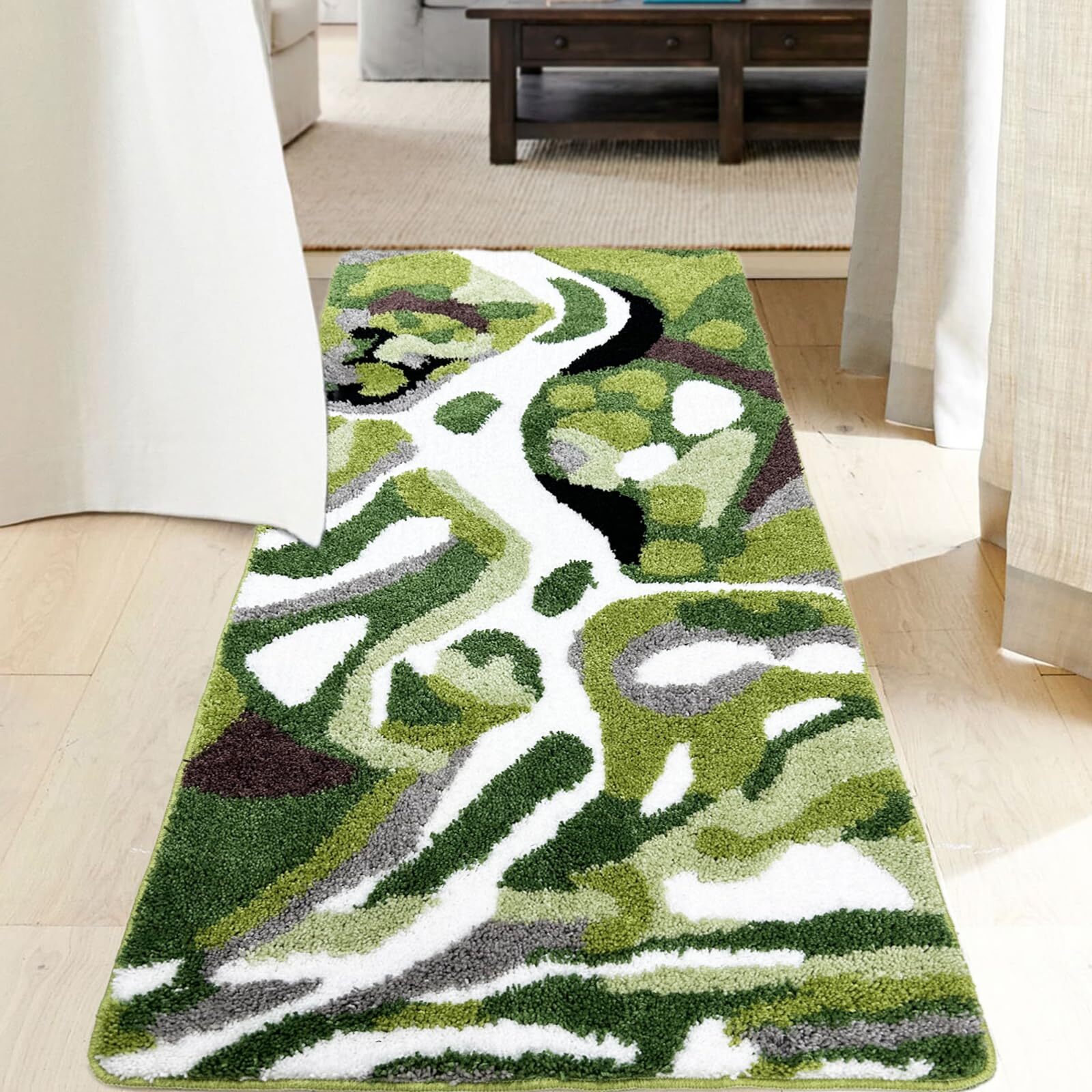 Green Natural Bathroom Runner Long Soft Non-Slip Rug for Bathroom Floors Modern Eco-Friendly Design