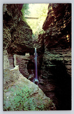 Watkins Glen NY Cavern Cascade Waterfall Tunnel & Suspension Bridge Vtg Postcard