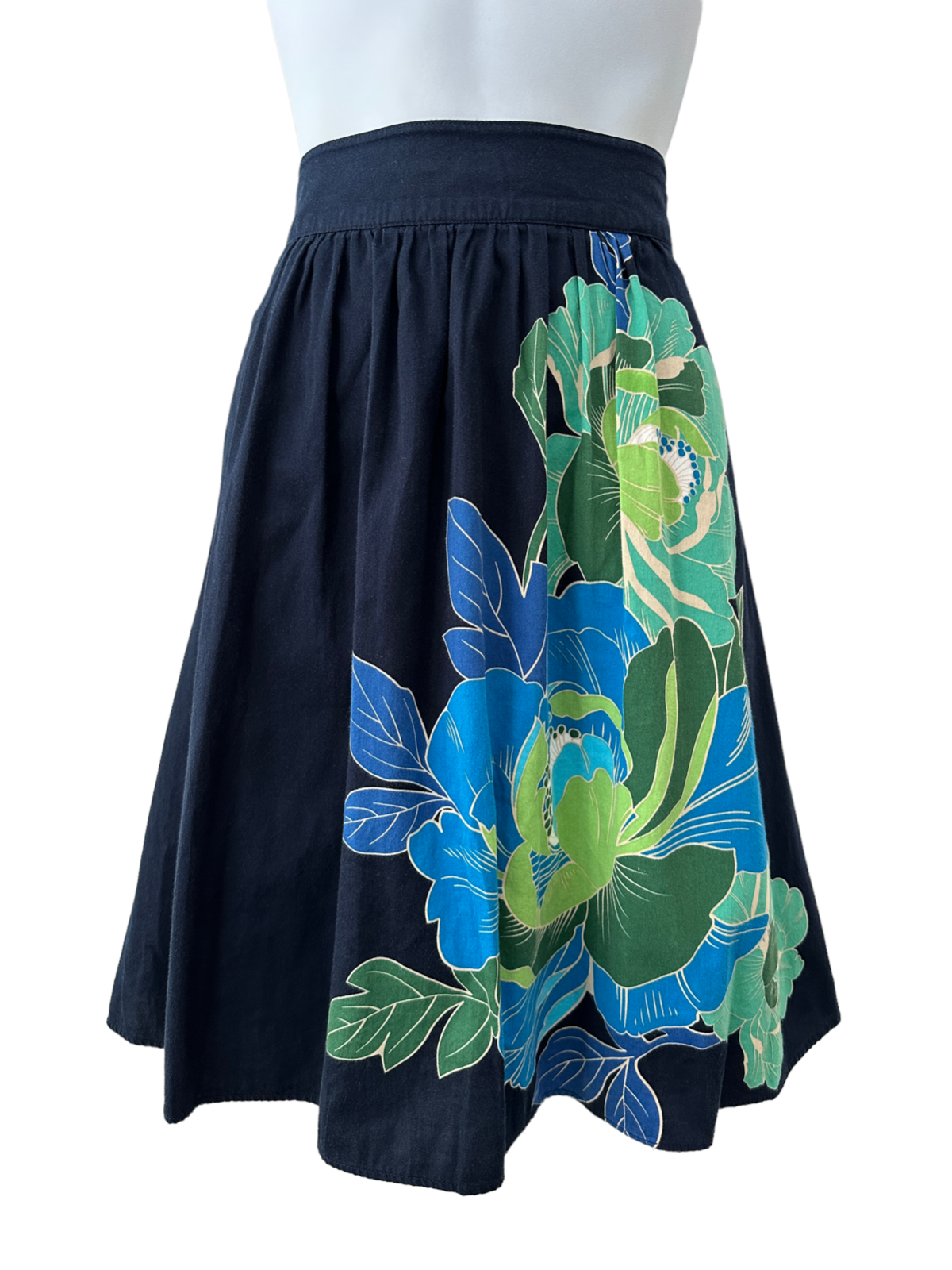 St John's Bay Floral Full Skirt 100% Cotton Navy Blue Lined Womens 8
