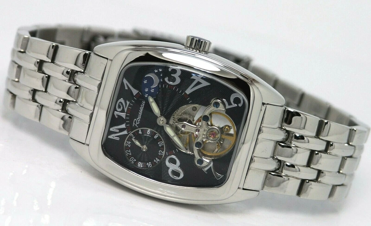 NEW ROUSSEAU AUTOMATIC MULTI FUNCTION PARTIAL SKELETON BLACK DIAL WATCH STEEL