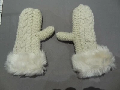 Moufles doublées, écrues, en laine, poignet imitation fourrure taille unique - Photo 1/3