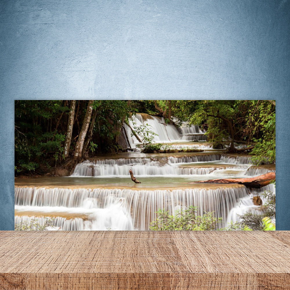 Crédence de cuisine en verre 100x50 cm motif forêt et cascade naturelle pour protection murale